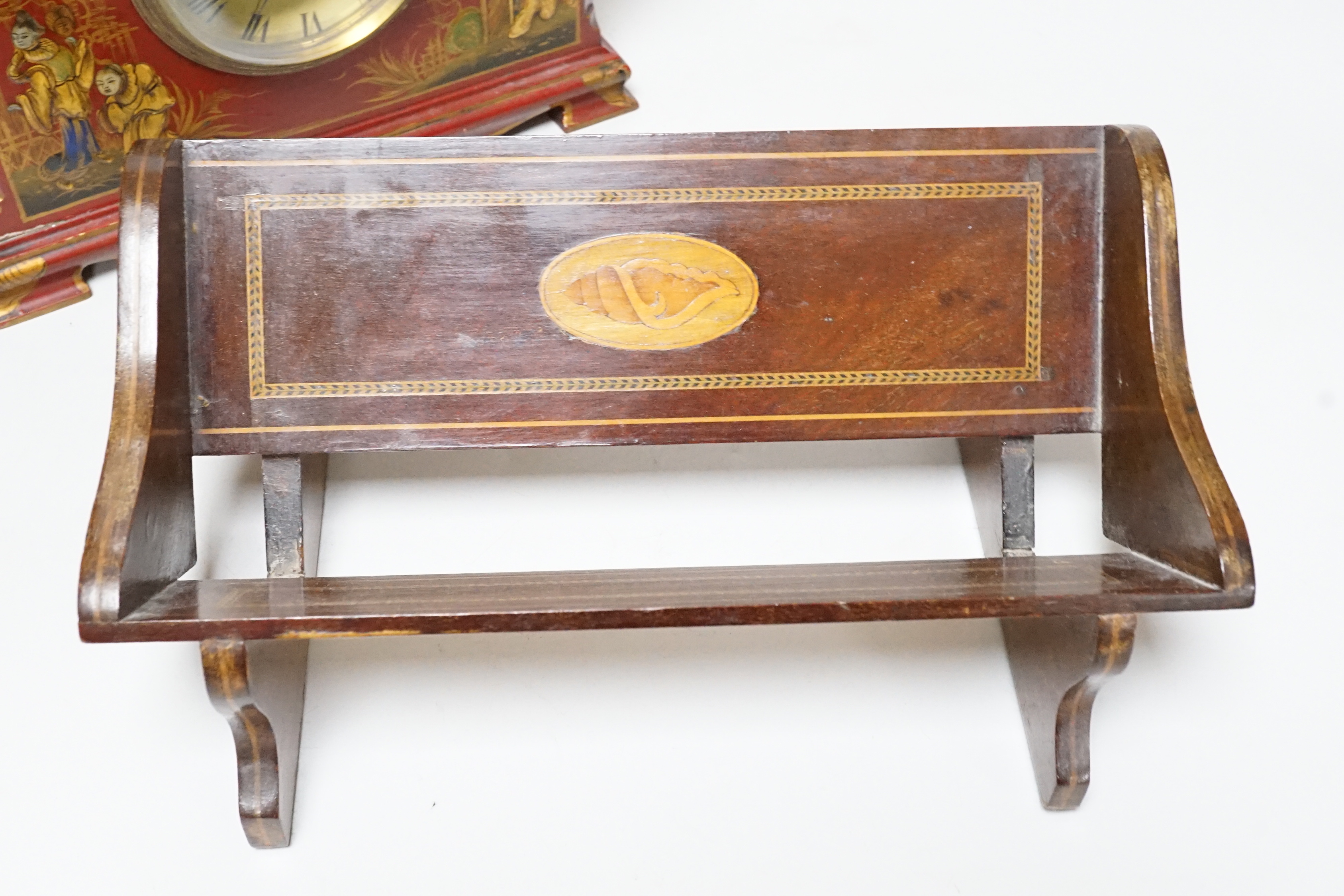 A French chinoiserie mantel clock by Mappin, and an Edwardian inlaid book trough, 25cm